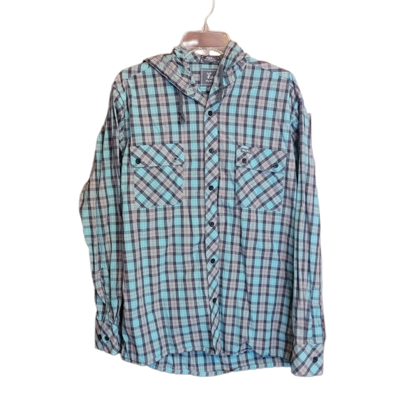 🌷3/$15🌷 LRG Lifted Research Group Plaid Button Shirt Hood Hoodie Long Sleeve - Picture 1 of 7